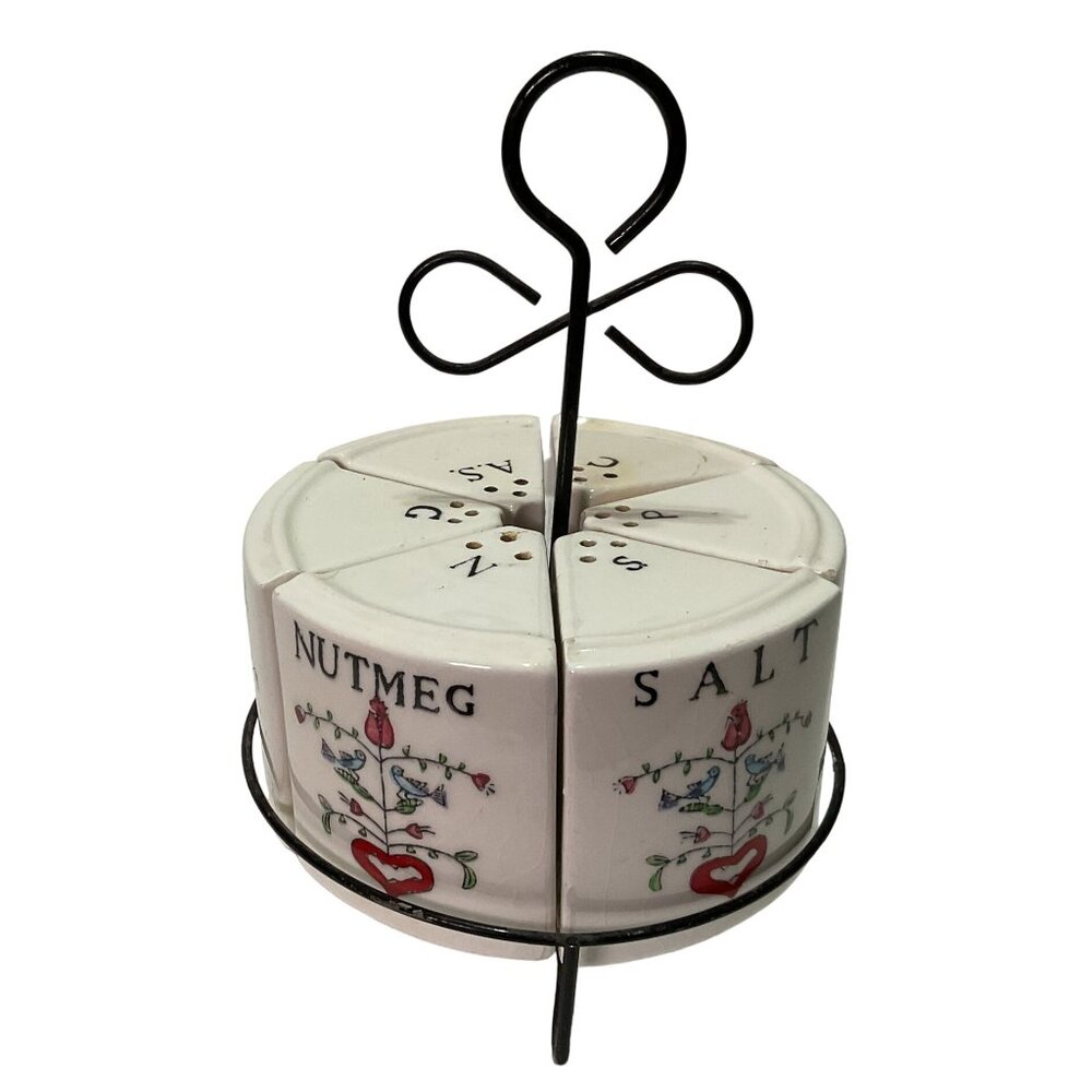 Vintage Wales Spice Shakers with Caddy 7 pc Set White Floral Ceramic Japan